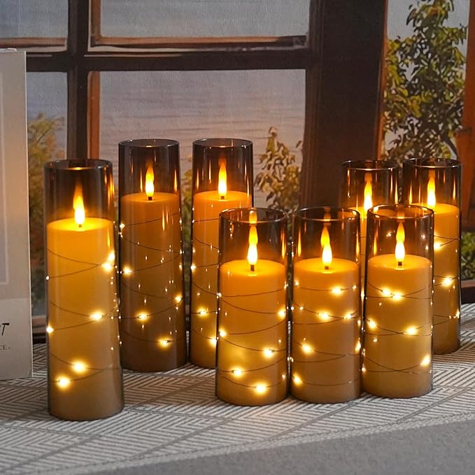 Flameless LED Candles with Timer 9 Pc Flickering Flameless Candles for Romantic Ambiance and Home Decoration Stable Acrylic Shell,with Embedded Star String，Battery Operated Candles（Grey）