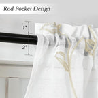 VISIONTEX White Sheer Voile Curtains, Decorative Leaves Embroidery Faux Linen Rod Pocket Window Drapes for Home Kitchen, Living Room and Bedroom 26 x 36 Inch, Set of 2 Curtain Panels