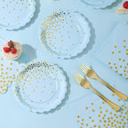 Light Blue Paper Plates and Napkins Party Supplies, Disposable Gold Dot Dessert Plates and Scalloped Napkins for Blue Party Decorations, Serves 35 Guests