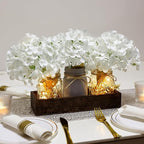 Mason Jar Lights Centerpiece Table Decor for Dining Room Farmhouse Coffee Table Decor with Wood Tray Fairy Lights Fake Hydrangea Flowers for Kitchen Living Dining Room - White