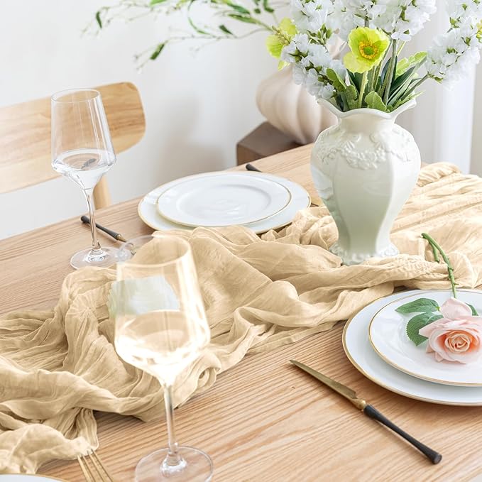 Asee'm 3pcs Cheesecloth Table Runner 120 Inches Long Sand Boho Gauze Cheese Cloth Runner 10FT Rustic Sheer Table Runners for Christmas Wedding Party Baby Shower Spring Easter Decoration