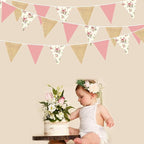 32Ft Flora Party Decorations Blush Rose Pink Burlap Flora Triangle Flag Fabric Banner Pennant Garland Streamer for Chic Tea Party Vintage Birthday Wedding Baby Shower Engagement Rustic Garden Decor