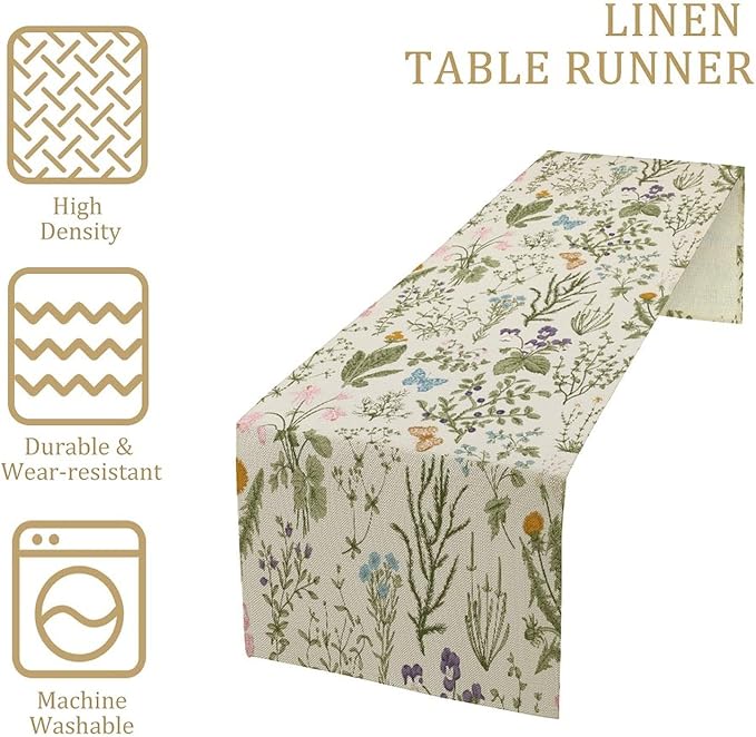 Floral Botanical Table Runner, Garden Spring Flower Botanical Butterfly Animal for Restaurant, Kitchen, Wedding, Party Rectangular Table Runner Decoration,13in（33cm） W * 108in（274cm） L