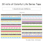 30 Rolls Colorful Theme Washi Tape Set with Different Colorful Patterns, Writable Decorative Tapes for Scrapbooking, Bible Journaling, Bullet Journaling, 0.6'' x 79'' per Roll