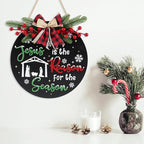 CHDITB Jesus is The Reason for The Season Front Door Sign Wreath(11.4"), Red Green Christmas Decoration Wall Hanging with Snowflakes Bow Berries, Wooden 3D Farmhouse Xmas Decor for Porch Indoor