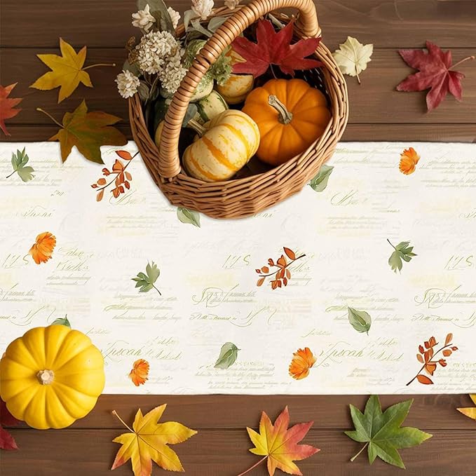 Fall Wildflowers Cotton Linen Table Runner for Dining Kitchen, Thanksgiving Pumpkin Outdoor Party Rustic Tablerunners Decoration, Botanical Floral Vintage Dresser Scarf Tablecloth Runners 13x90 Inches