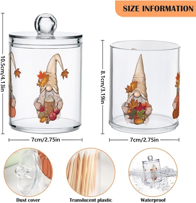 Gredecor 2 Pack Apothecary Jars with Lid Fall Gnome Maple Pumpkins Qtip Holder Dispenser Storage Containers Clear Plastic Cute Fall Autumn Thanksgiving Theme Canisters for Bathroom Vanity Organization