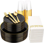 Supernal 350pcs Black & Gold Plastic Dinnerware Set, Elegant Black Plates with Golden Edges, Gold Plastic Silverware, Durable Tableware Perfect for Birthdays, Parties, Wedding, Celebration