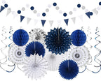 Navy-Blue White-Silver Graduation Party-Decorations - 33pcs Kits Banner, Streamers Tassel Garland,Tissue Pom Poms Honeycomb, Paper Lantern Fans,Wedding Birthday Baby Shower Backdrop Decor Hugtmr