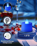 Amagic 24 Pack Blue LED Tea Lights, Flameless Votive Candles, Electric Fake Colored Candles, Battery Operated Tealights Candles for Halloween, Christmas, Home Decor, Wedding Table Centerpiece, Party