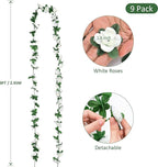 KHOYIME 9 Pack 72 FT Artificial Flower Garland, Fake White Roses Vines Silk Flowers Faux Plastic Outdoor Hanging Floral Ivy Garland Decoration for Wedding Arch Bedroom Home Wall Backdrop Room Decor