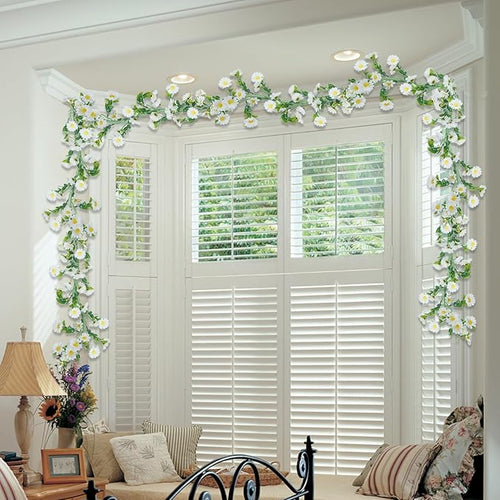 2 Pack White Flower Garland Artificial Daisy Silk Wildflower Hanging Flowers Fake Floral Vines Garland for Table Decoration Backdrop Wall Home Party Wedding Indoor Outdoor DIY Cemetery Decor