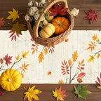 Thanksgiving Fall Cotton Linen Table Runner for Dining Kitchen, Blue Pumpkins Rustic Wedding Outdoor Party Autumn Tablerunners Decoration, Leaves Dresser Scarf Coffee Tablecloth Runners 13x48 Inches