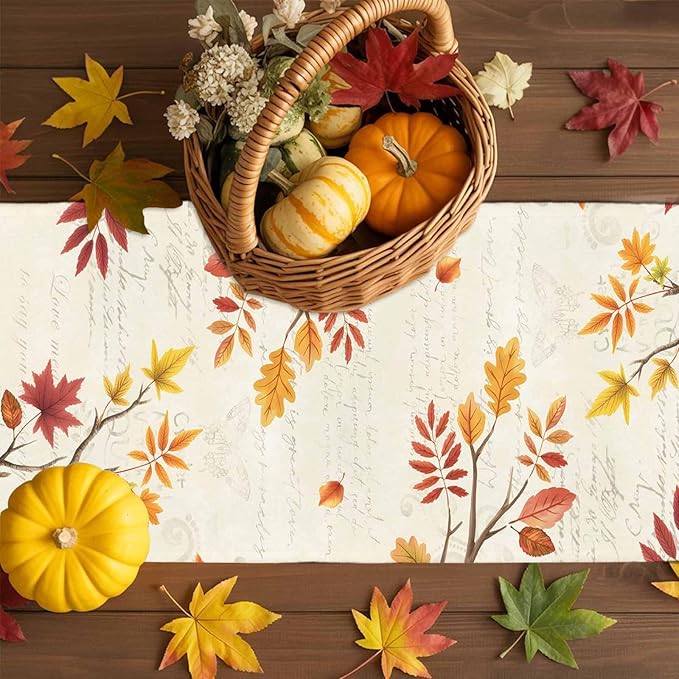 Thanksgiving Fall Cotton Linen Table Runner for Dining Kitchen, Blue Pumpkins Rustic Wedding Outdoor Party Autumn Tablerunners Decoration, Leaves Dresser Scarf Coffee Tablecloth Runners 13x90 Inches