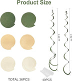 36Pcs Sage Green Hanging Swirl Decoration Olive Green Tan Brown Cream Neutral Felt Swirl Streamer Spiral Ceiling Garland for Greenery Safari Jungle Woodland Birthday Baby Shower Wedding Party Supplies