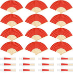 12 Pieces Red Hand Held Bamboo Folding Fans Paper Fans Handheld for Women Foldable Girls Wedding DIY Decoration Church Home Party Favors Summer