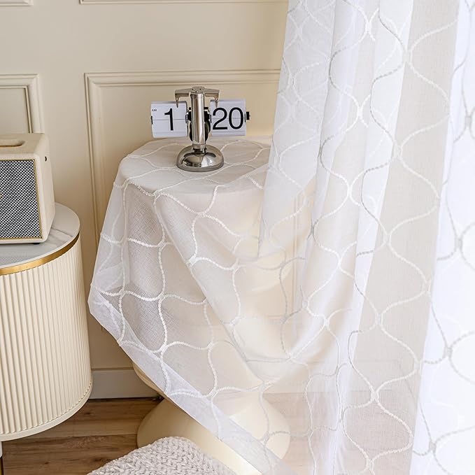 Sheer Curtains White 45 Inches,Wavy Diamond Embroidered Rod Pocket Voile Drapes for Living room, Bedroom, Window Treatments Semi Crinkle Curtain Panels for Yard, Patio, Parlor, 2 Panels, 52"x 45".