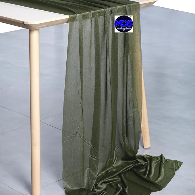 MDS Halloween Chiffon Table Runner - 12 Pack, 29 x 170 Inches, 14ft Each - Sheer Spooky Table Runners for Haunted House Parties, Trick-or-Treat Tables, Witchy Décor, Wedding & Events - Olive Green