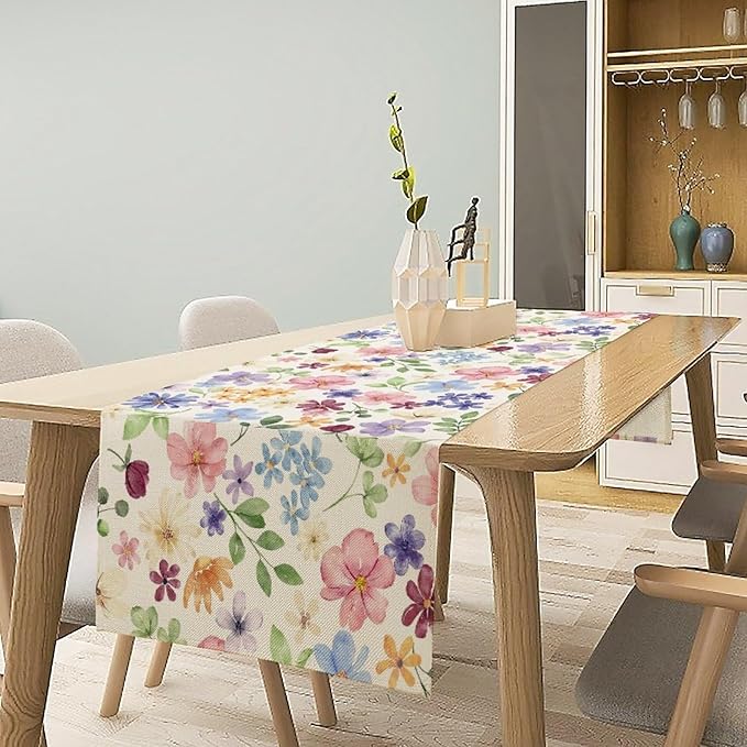 Floral Decorative Table Runner, Watercolor Floral Botanical Rustic Modern Style Pattern Printed Long Table Runner for Restaurant Kitchen Party,13in（33cm） W * 36in（92cm） L