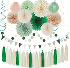 Olive-Sage Green Beige Champagne-Gold Party-Decorations - 33pcs Rustic Banner,Streamers Tassel Garland,Tissue Pom Poms,Paper Lantern Fans,Boho Neutral Baby Shower Birthday Bridal Decor Hugtmr