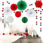 Red-Green White Christmas Party-Decorations - 33pcs Banner,Mexico Italy Streamers Tassel Garland,Tissue Pom Poms Honeycomb,Paper Lantern Fans,Mexican Italian Birthday Wedding Baby Shower Decor Hugtmr