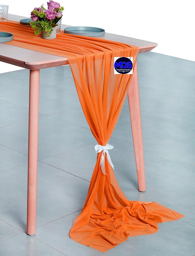 MDS 25 Pack 10ft Chiffon Table Runner 29 x 120 Inches Sheer Wedding Runner Romantic Rustic Table Runner for Wedding Decorations, Birthday Parties, Bridal Shower Party Arch Decor - Orange