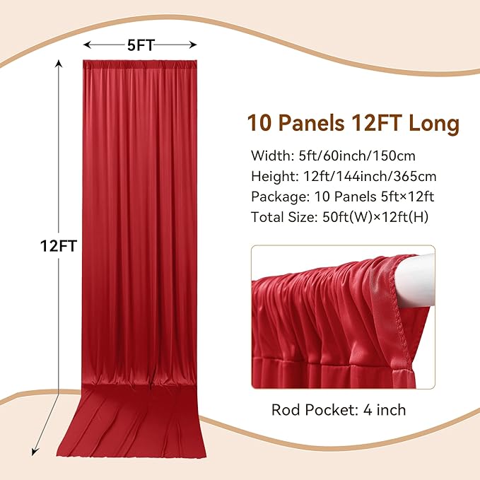 50×12ft Wrinkle Free Red Backdrop Curtain for Wedding Parties,10 Panels 5×12ft Long Soft Silky Polyester Backdrop Drapes Red Photo Back Drop Curtains for Photography Stage Christmas Background Cloth
