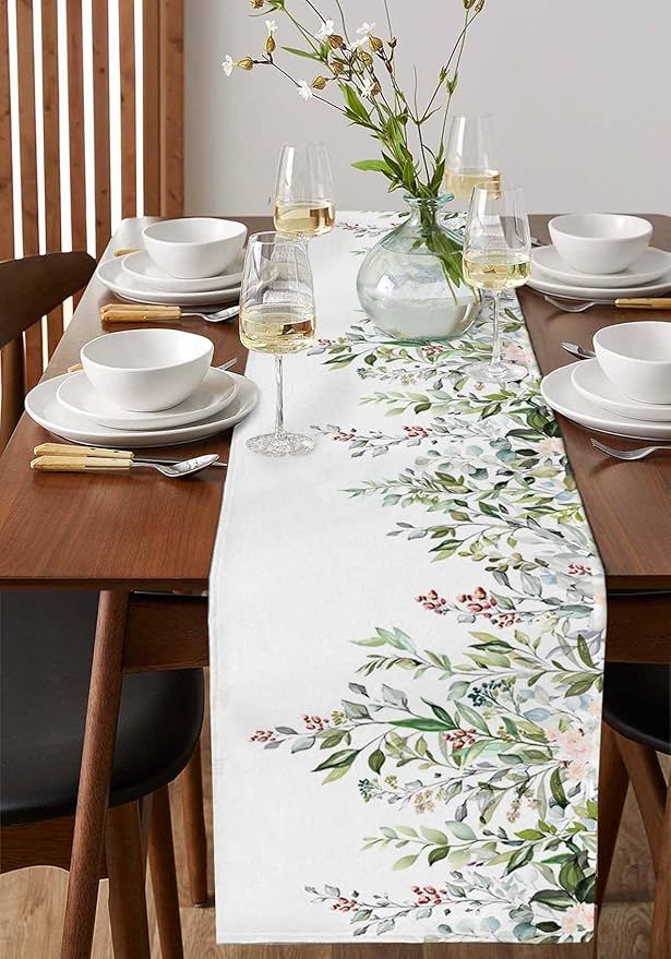 Botanical Eucalyptus Cotton Linen Table Runner for Dining Kitchen, Wedding Outdoor Party Tablerunners Decoration, Sage Green Leaves Elegant Floral Dresser Scarf Coffee Tablecloth Runners 13x48 Inches