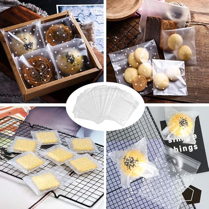 Self Adhesive Cookie Cellophane Treat Bags with Seal 4x4 Inches, 4 Mils Self Sealing Resealable Plastic Packaging Bags with Thank You Labels for Gift Giving Party Favor Bakery Candy Chocolate 100 Pcs