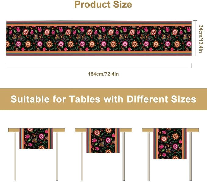 Mexican Table Runner,Colorful Flowers Cinco De Mayo Decor Table Runner for Kitchen Dining Table Home Party Decoration 13x60 Inch