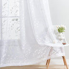 Sheer Curtains White 54 Inches Long Floral Embroidery Rod Pocket Voile Drapes for Living room, Bedroom, Window Treatments Semi Lace Outdoor Curtain Panels for Patio, Lawn, Garden, Set of 2, 52"x 54".
