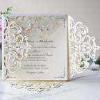 Hosmsua 50PCS Personalized Silver Glitter Laser Cut Wedding Invitation Cards With Envelopes 6.3 x 6.3 Inch Hollow Lace Rose Pocket and for Quinceanera Wedding Invite (Silver Glitter)