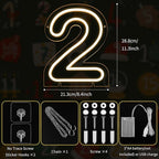 Number 2 LED Neon Sign Backdrop Birthday Party Decoration, 11.3" Height Warm White Marquee Number Two Light Up Sign for Wedding Anniversary Window Wall Table, Indoor Battery Operated or USB
