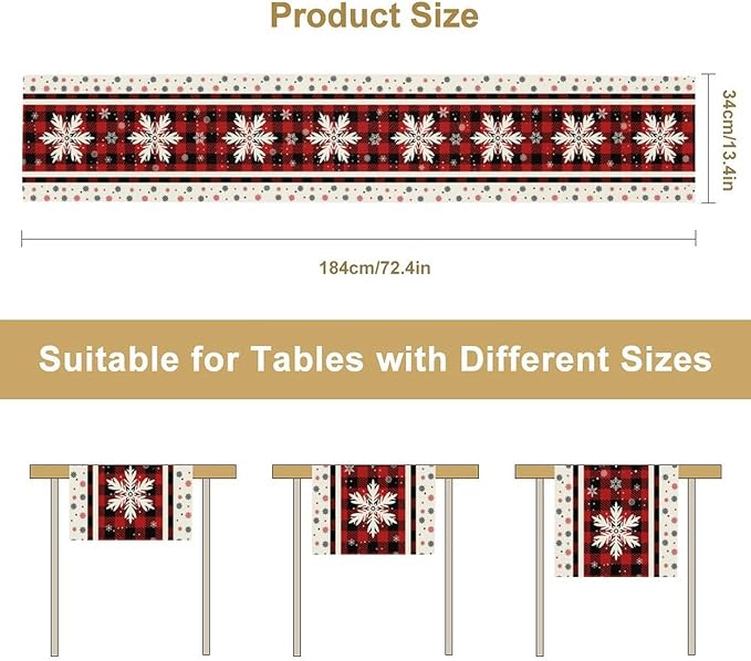 Snowflakes Christmas Table Runner,Red Buffalo Plaid Seasonal Winter Kitchen Dining Table Decoration for Home Party Decor 13x90 Inch