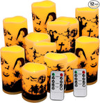 12-Pack Halloween LED Flameless Pillar Candles - Battery Operated with Remote & Timer, Flickering Warm Light, Witch/Bats/Castle Decals - Spooky Halloween Decor, Ghost Party Supplies, Gifts