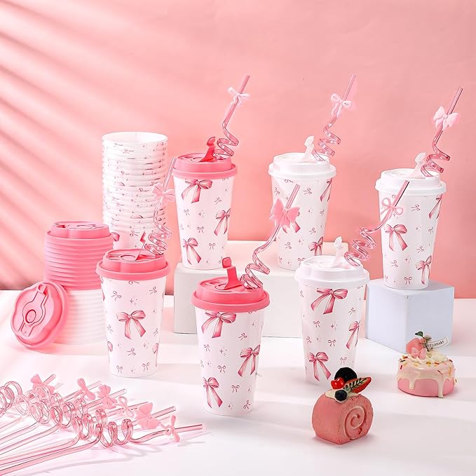 Yungyan 24 Sets Pink Bow Party Favors Goodie Cups with Lids and Straws for Birthday Coquette Party Decorations Reusable 16oz Plastic Candy Cups Plastic Straws for Christmas Decor(Pink Bow)