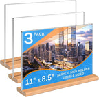 Kersally Acrylic Sign Holder 11 x 8.5'', 3 Pack Double-Sided Clear Table Display Stands with Wood Base,Horizontal Acrylic Frame Menu Flyer Paper Holder for Store, Restaurant, Hotel, Office, Show Fair