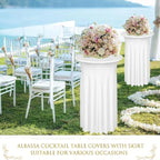 Albassa 2 Pack Cocktail Table Covers 32"x 43" Spandex Stretch Round Cocktail Tablecloths with Wavy Drapes Fitted High Top Bar Table Skirt for Wedding Party Banquet (White, 2 PCS)