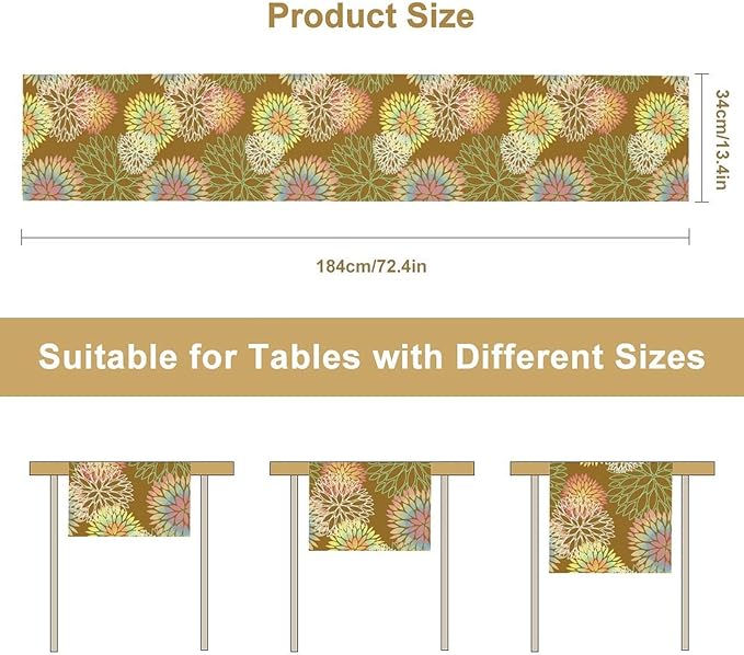 Brown Grey Dahlia Flower Table Runner, Linen Geometric Pattern Floral Table Decor Spring Farmhouse Decorations for Kitchen Dining Holiday Party Decor, 13x60 Inch