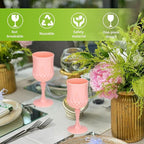 Plastic Vintage Wine Glasses 7OZ Plastic Goblets Vintage Drinking Glasses 12PCS Retro Wedding Glassware Water Goblets Reusable Drinking Cups for Party,Reception,Celebration,Bar,Whiskey(Light Pink)