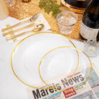 NOCCUR 350PCS Clear and Gold Plastic Plates - Gold Disposable Plastic Dinnerware Set for 50 Guests Include 100 Plastic Plates, 150 Gold Cutlery, 50 Cups&50 Napkins Idea for Wedding/Party/Thanksgiving