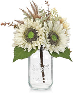 Silk Sunflowers Artificial Flowers with Mason Jar Centerpiece for Table White Fall Flowers in Vase Small Fall Floral Arrangement with Vase Thanksgiving Centerpiece for Dining Room Table Autumn Decor