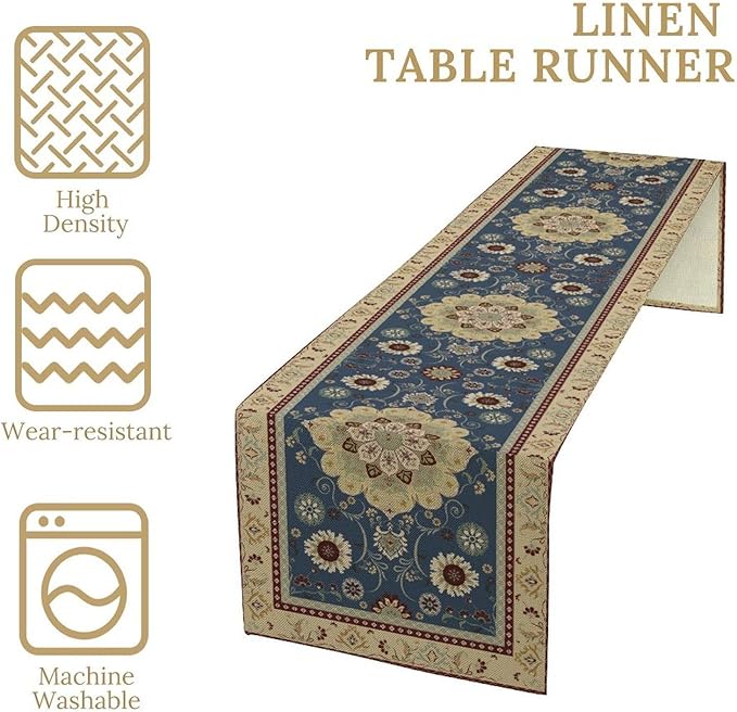 Vintage Boho Floral Table Runner, Elegant Rustic Country Farmhouse Blue Yellow Retro Flower Pattern for Home Kitchen Table Decor Dining Coffee Room Party Decor 13x60in
