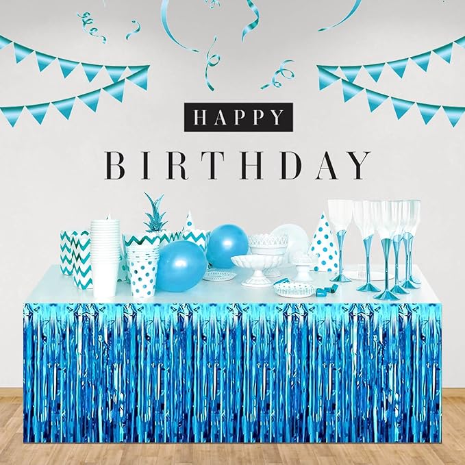 3 Pack 29 x108 Inch Lake Blue Foil Fringe Table Skirts Metallic Banner for Tinsel Streamer Garland Backdrop for Parade Floats Wedding Thanksgiving Birthday Christmas New Year Party Decoration