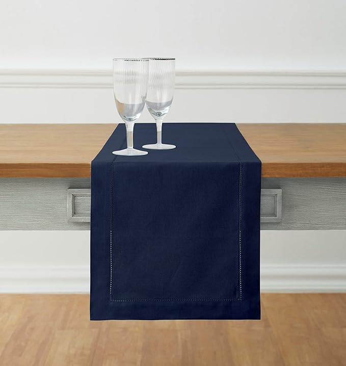 Solino Home Navy Blue Table Runner 90 Inches Long - Cotton Linen Hemstitch 14 x 90 Inch Table Runner for Dining, Fall, Autumn, Thanksgiving, Holiday