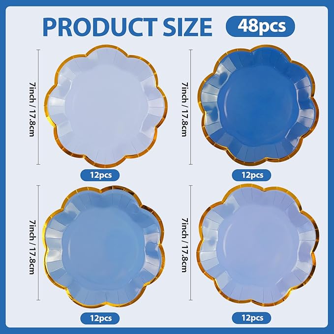 48Pcs Light Blue Scalloped Party Plates - 7inch Gold Foil Gradient Blue Dessert Paper Plate Disposable Cake Plates for Birthday Bridal Baby Shower Wedding Party Decorative Supplies