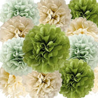 We Moment Olive Sage Green Cream Ivory Tan Tissue Paper Pom Poms Party Decorations for Neutral Baby Shower Boho Wedding Birthday Wild Safari Greenery Party Décor 12pcs 4 Colors