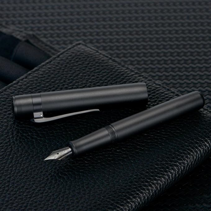 Hongdian M2 Mini Fountain Pen with Extra Fine Soft Nib, Sleek Shape Aluminium Short Pocket Travel Pen (Matte Black)