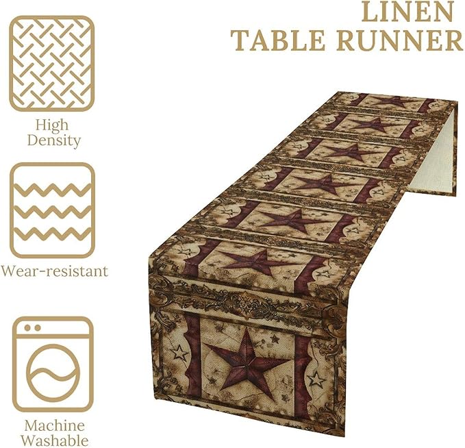 Wild West Table Runner, Rustic Farmhouse Texas Star Vintage Rodeo Cowboy Old Sign Wild West Print Pattern for Home Kitchen Table Decor Dining Coffee Room Garden Party Decor 13x90in