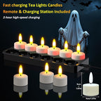 HL Rechargeable LED Tea Lights with USB Charging Base & Remote Timer - Battery Operated Flameless Flickering Votive Candles for Weddings, Emergency, Halloween, and Christmas Decorative 12pcs